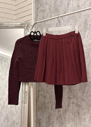 В'язаний костюм комплект бордовий спідниця плісе zara + светр fb sister розмір xs