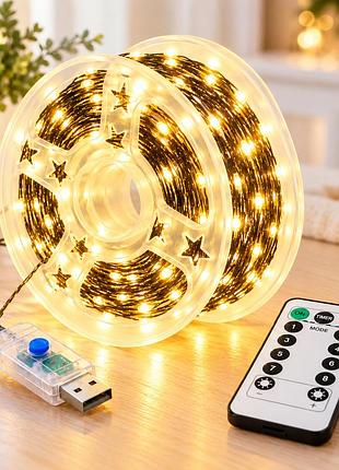 Гірлянда "роса" 60 м 600 led теплий білий / гірлянда з usb та пультом ду, зелений дріт