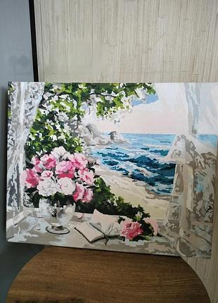 Картина цветы, книга, окно, море