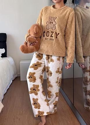 Пижама женская теплая бежевая с мишкой cozy