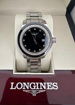 Годинник жіночий longines з діамантами, чорний циферблат, корпус зі сталі 36 мм