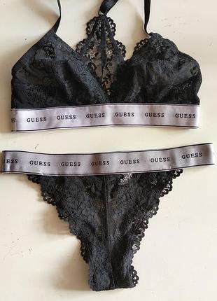 Женский черный комплект белья от бренда guess с фирменной эластичной резинкой с логотипом (s)