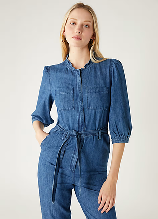 Синій жіночий джинсовий комбінезон marks &amp; spencer m&amp;s денім рукава 3/4 поясом 8 petite eur 36 s джинсовий брючний жіночий комбінезон на блиск