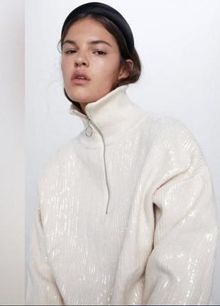 Zara білий в'язаний светр з високим коміром на блискавці пуловер джемпер худи толстовка 7