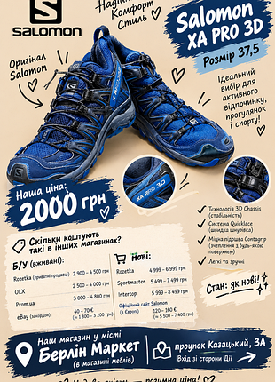 Кросівки унісекс salomon xa pro 3d сині, розмір 37.5