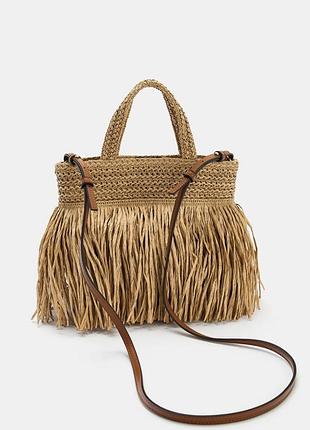Сумка жіноча zara плетена з бахромою, коричнева, бежева new