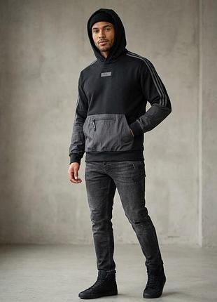Чорне чоловіче худі adidas originals з капюшоном та нейлоновою кишенею-кенгуру з блискавкою 164см