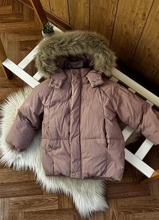 Пуховик для дівчинки zara рожевий оверсайз з хутряним капюшоном 116 см