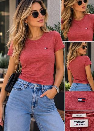 Футболка tommy jeans slim fit, меланжева червона, жіноча m, оригінальний логотип