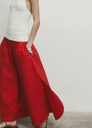 Красная хлопковая юбка с разрезами от massimo dutti