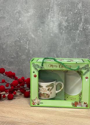 Чашка з блюдцем і ложкою новорічна elisey новорічний настрій керамічна 200 мл білий із зеленим 9407-045