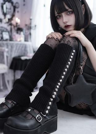 Стильные чорні гетри з металевими пірамідками (jirai kei / y2k / grunge / gothic)