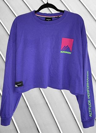 Жіночий світшот superdry xxl 44 16 50, фіолетовий укорочений кроп, оверсайз, бавовняний, з написом на рукаві, вільний, осінній повсякденний