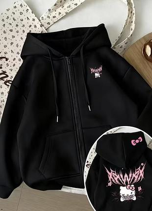 Чорне оверсайз зіп-худі з принтом hello kitty