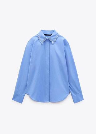 Блакитна сорочка zara з акцентним коміром (перлини та камінці)