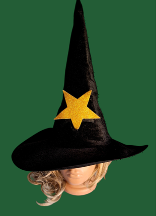 Капелюх велюровий ковпак відьми halloween карнавальний чорний із золотою зіркою one size