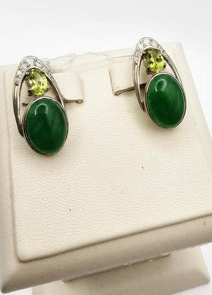 Сережки серебряные с кубическим цирконием, зелёным агатом 8,35 г
