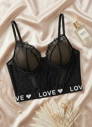Чорний корсетний топ бюстьє з мереживом та написом love розмір xl, код 7493