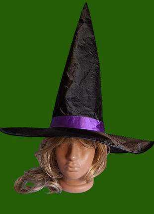 Капелюх великий атласний чорний карнавальний ковпак відьми halloween з фіолетовою стрічкою