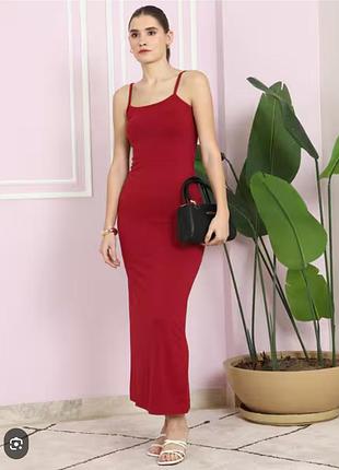 Длинное красное облегающее платье на тонких бретелях shein women