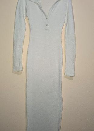 Cream soft bobble knitрдинал up collar detail maxi dress/кремовое (белое) длинное платье из мягкого фактурного трикотажа «букле» с воротником на пугов