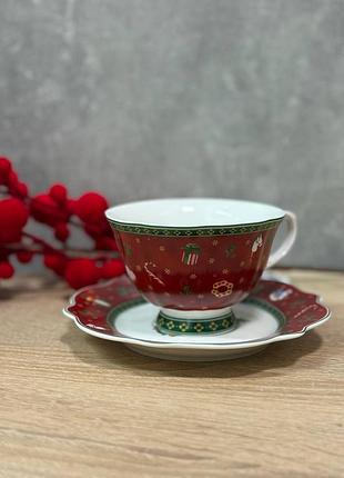 Чашка с блюдцем новогодняя yiwu christmas фарфоровая 250 мл красный hp-sdhk-14
