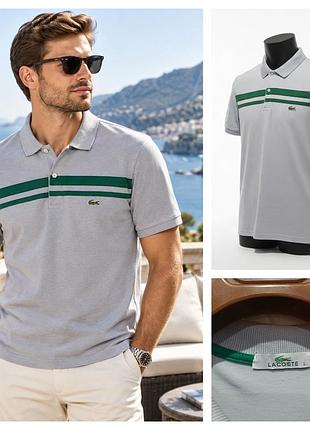 Мужская футболка-поло lacoste серого цвета с двойными зелеными полосками на груди и вышитым логотипом-крокодилом слева., made in изн. размер l