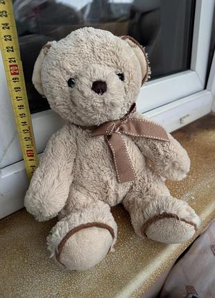 Бежевий плюшевий ведмедик з бантиком, м’яка іграшка teddy bear