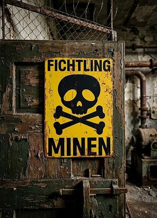 Металлическая винтажная табличка мины minen опасно череп милитари 14х20 см
