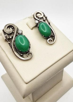 Сережки серебряные с кубическим цирконием, зелёным агатом 9,75 г