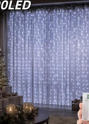 Світлодіодна гірлянда штора роса 3х3 м 300 led на батарейках (холодний білий)