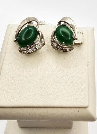 Сережки серебряные с кубическим цирконием, зелёным агатом 6,67 г