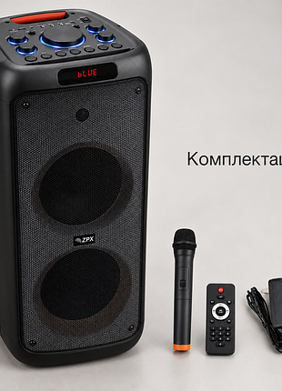 Аккумуляторная портативная колонка zpx zx-7789 800 вт 2×10| + беспроводной микрофон