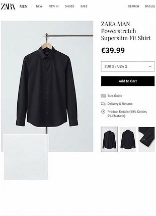 Черная мужская рубашка zara man powerstretch super slim fit, размер s (46)