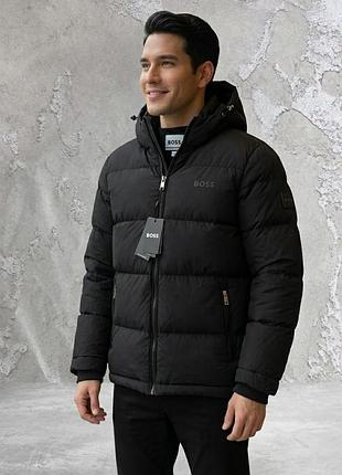 Чоловічий пуховик hugo boss чорний матовий | зимова куртка хуго босс з капюшоном | матова куртка boss тепла⁠
