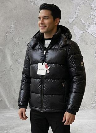 Чоловічий пуховик moncler maya чорний матовий | зимова куртка монклер з капюшоном | матова куртка moncler тепла⁠