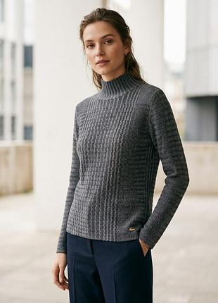 Жіночий светр lacoste з високим коміром, вовна + бавовна, фактурна в’язка, сірий, m/l