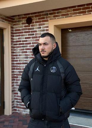 Чоловічий зимовий пуховик jordan psg чорний | зимова куртка джордан псж з капюшоном | пуховик nike jordan paris saint-germain⁠