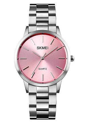 Жіночий годинник skmei 1694pk pink зі сріблястим металевим браслетом та рожевим циферблатом