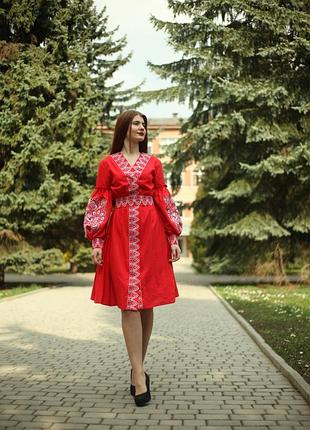 Жіноче вишите плаття лляне червоне міді в стилі бохо з традиційним орнаментом "аніта" 60