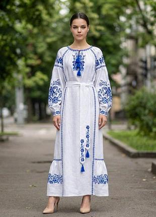 Жіноче плаття-вишиванка лляне біле максі в стилі бохо з геометричним орнаментом "меррелін" 50