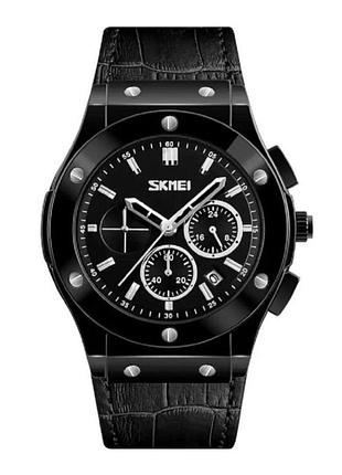 Мужские часы skmei 9157bk black leather с хронографом и кожаным ремешком