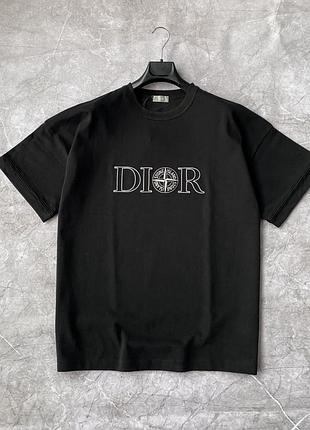 Футболка чоловіча dior x stone island чорна оверсайз котон