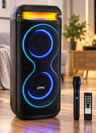 Портативная акустическая система zpx zx-7791 250 вт 800 вт мощная колонка pmpo, 2×8", bluetooth, tws, led, uhf-микрофон