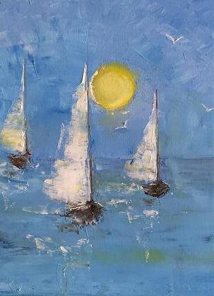 Картина маслом "парусники". 19*25 см