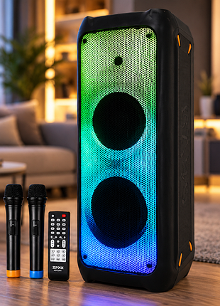 Портативная акустическая система zpx zx-7779 400 вт/ беспроводная колонка с led-подсветкой + 2 беспроводных микрофона