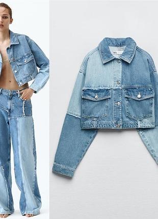 Жіноча джинсова куртка zara z1975 печворк, блакитна, розмір s
