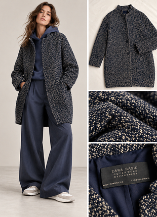 Пальто-кокон шерстяное zara basic синее буклированное пальто oversize шерсть, демисезонное