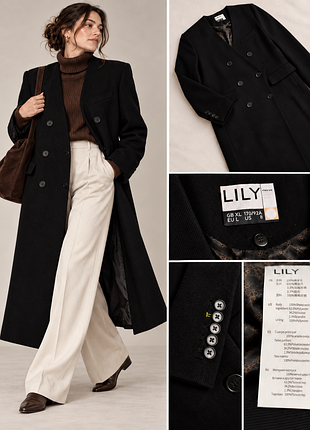 Пальто женское черное шерстяное lily 100% шерсть черное двубортное пальто длинное миди пальто без воротника