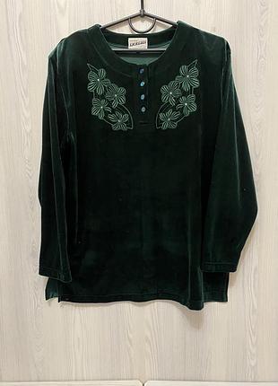 Смарагдова оксамитова блуза з вишивкою (розмір l–xl / 48–50)